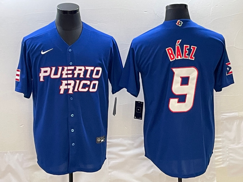 Men's Puerto Rico Baseball #9 Javier Báez 2023 Royal World Baseball Classic Stitched Jersey